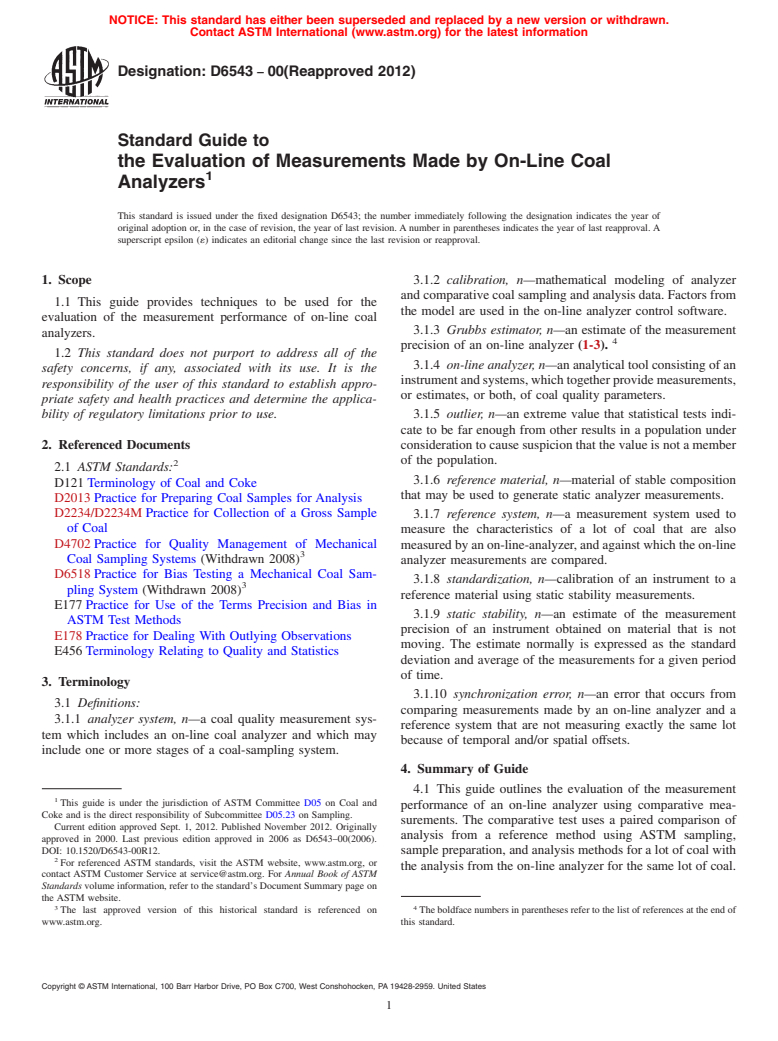 ASTM D6543-00(2012) - Standard Guide to  the Evaluation of Measurements Made by On-Line Coal Analyzers