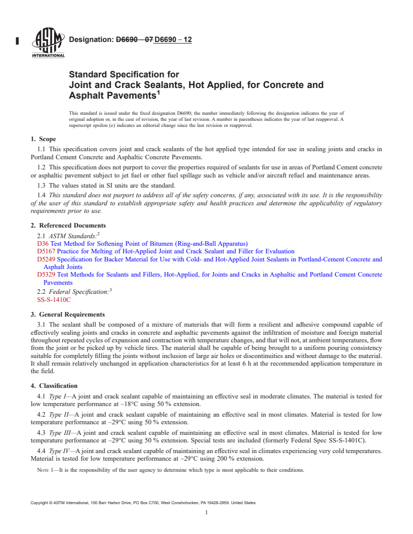 REDLINE ASTM D6690-12 - Standard Specification for  Joint and Crack Sealants, Hot Applied, for Concrete and Asphalt  Pavements