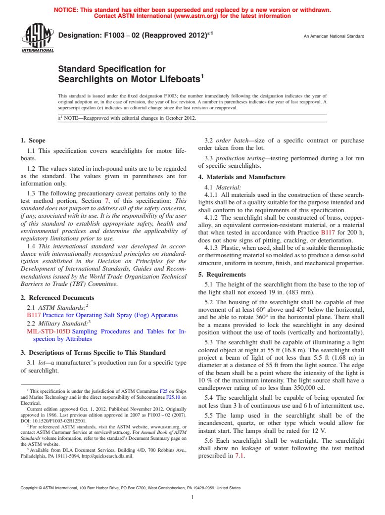 ASTM F1003-02(2012)e1 - Standard Specification for Searchlights on Motor Lifeboats