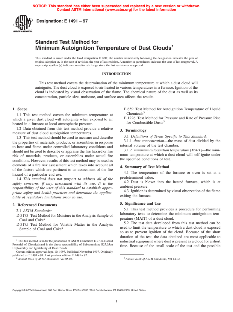 ASTM E1491-97 - Standard Test Method for Minimum Autoignition Temperature of Dust Clouds