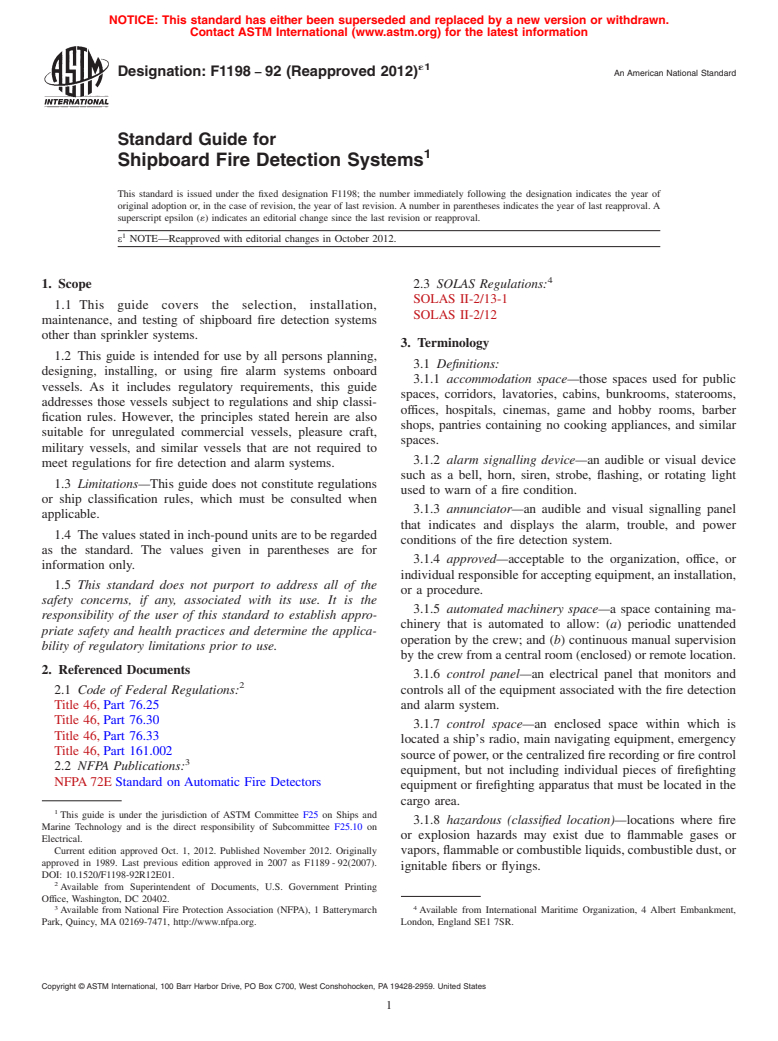 ASTM F1198-92(2012)e1 - Standard Guide for Shipboard Fire Detection Systems