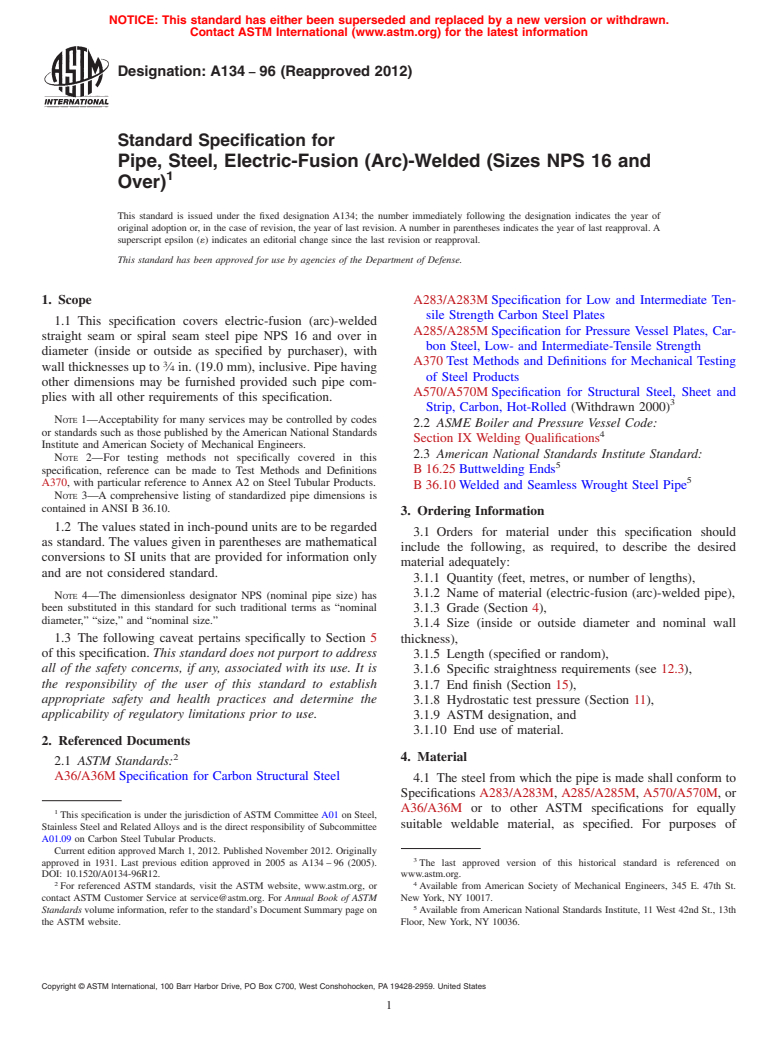 ASTM A134-96(2012) - Standard Specification for Pipe, Steel, Electric-Fusion (Arc)-Welded (Sizes NPS 16 and Over)