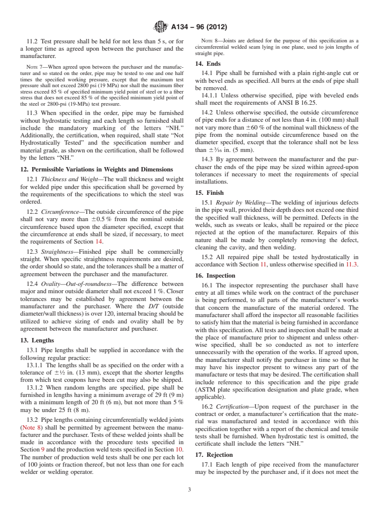 ASTM A134-96(2012) - Standard Specification for Pipe, Steel, Electric-Fusion (Arc)-Welded (Sizes NPS 16 and Over)