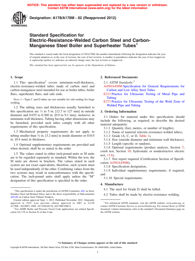 ASTM A178/A178M-02(2012) - Standard Specification for Electric-Resistance-Welded Carbon Steel and Carbon-Manganese Steel Boiler and Superheater Tubes