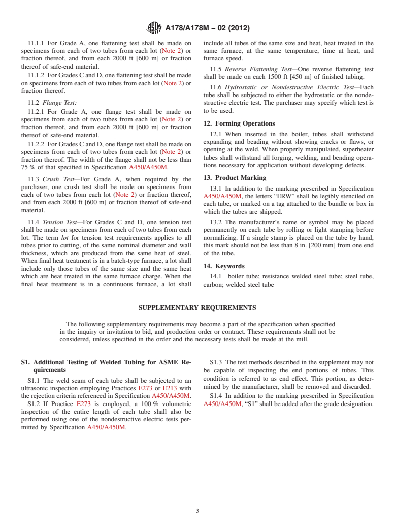 ASTM A178/A178M-02(2012) - Standard Specification for Electric-Resistance-Welded Carbon Steel and Carbon-Manganese Steel Boiler and Superheater Tubes