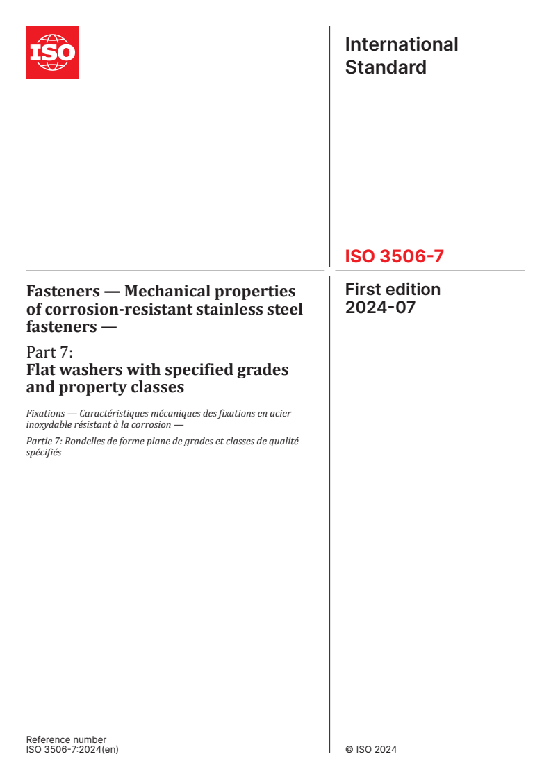 ISO 3506-7:2024 - Fasteners — Mechanical properties of corrosion-resistant stainless steel fasteners — Part 7: Flat washers with specified grades and property classes
Released:25. 07. 2024