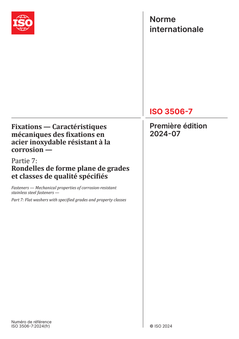 ISO 3506-7:2024 - Fixations — Caractéristiques mécaniques des fixations en acier inoxydable résistant à la corrosion — Partie 7: Rondelles de forme plane de grades et classes de qualité spécifiés
Released:25. 07. 2024