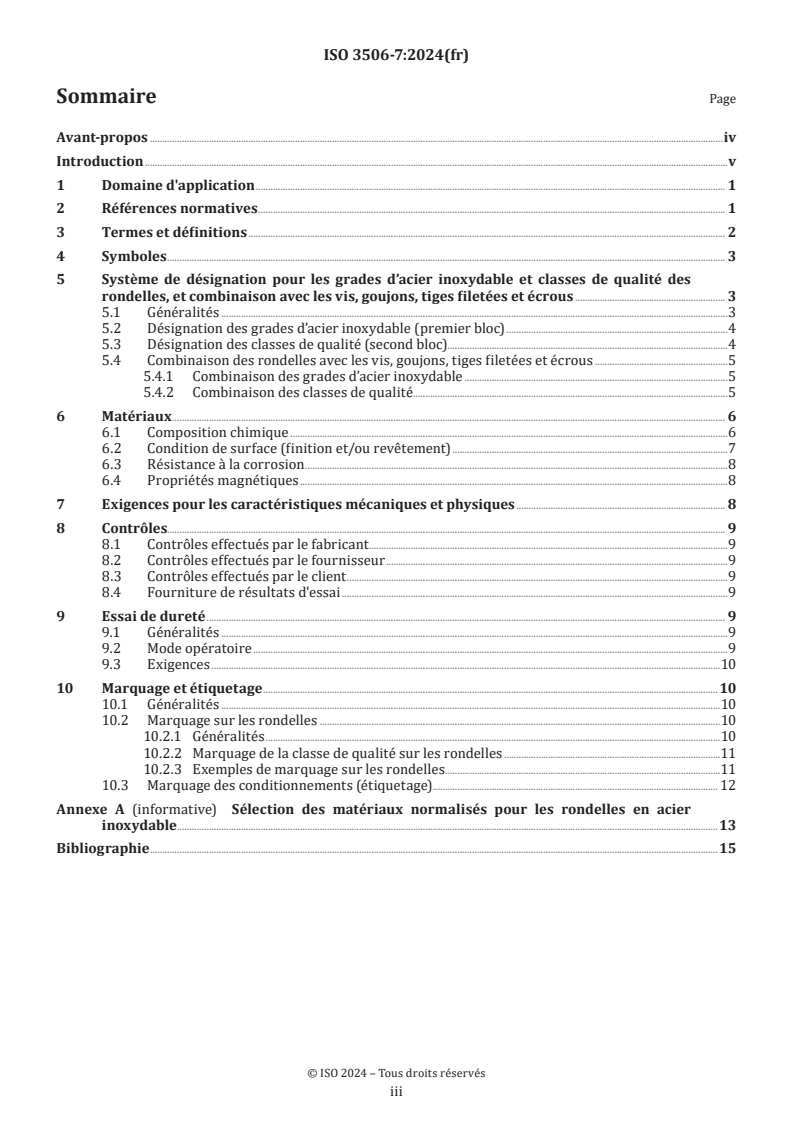 ISO 3506-7:2024 - Fixations — Caractéristiques mécaniques des fixations en acier inoxydable résistant à la corrosion — Partie 7: Rondelles de forme plane de grades et classes de qualité spécifiés
Released:25. 07. 2024