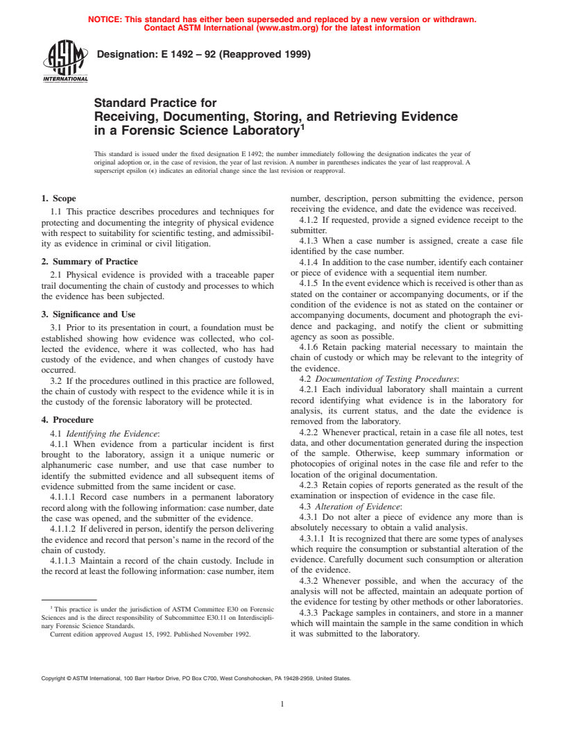 ASTM E1492-92(1999) - Standard Practice for Receiving, Documenting, Storing, and Retrieving Evidence in a Forensic Science Laboratory