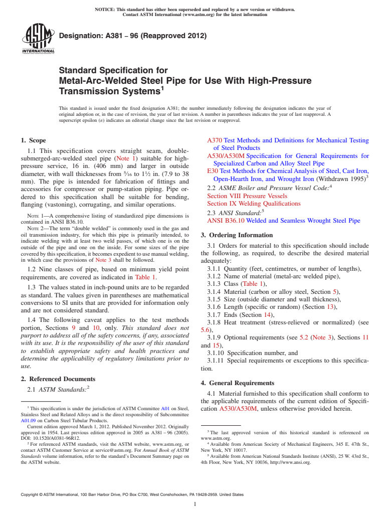 ASTM A381-96(2012) - Standard Specification for Metal-Arc-Welded Steel Pipe for Use With High-Pressure Transmission Systems