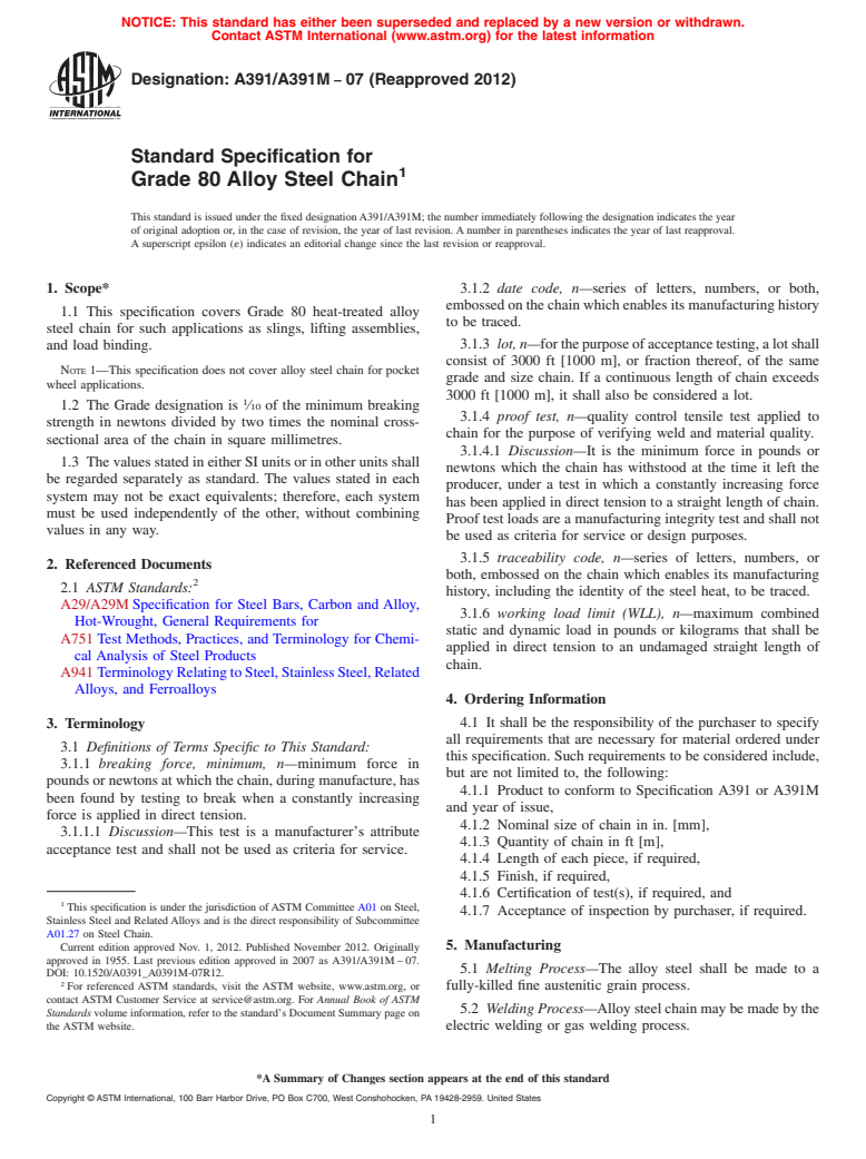 ASTM A391/A391M-07(2012) - Standard Specification for Grade 80 Alloy Steel Chain