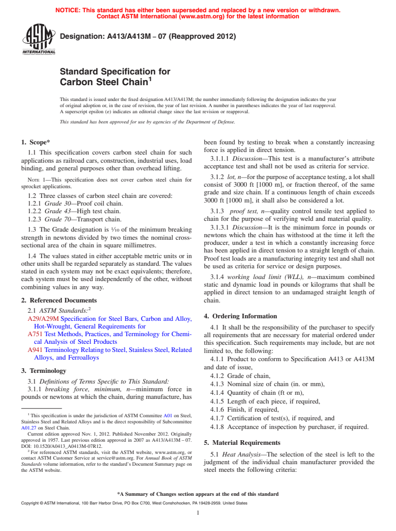 ASTM A413/A413M-07(2012) - Standard Specification for Carbon Steel Chain