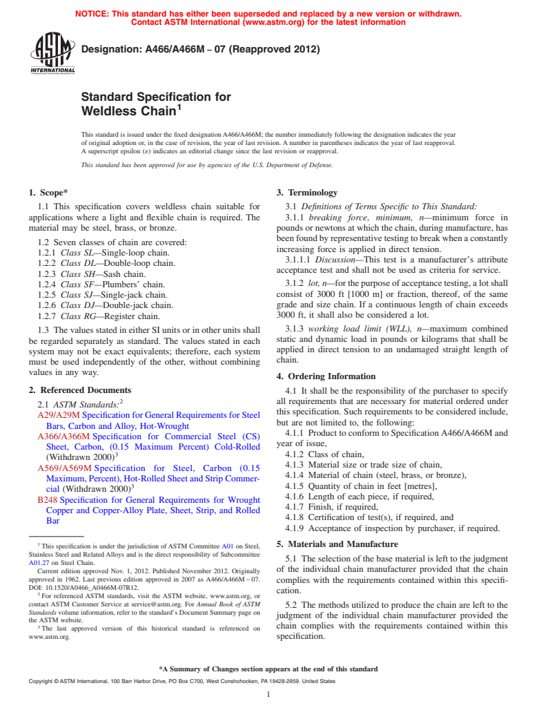 ASTM A466/A466M-07(2012) - Standard Specification for Weldless Chain