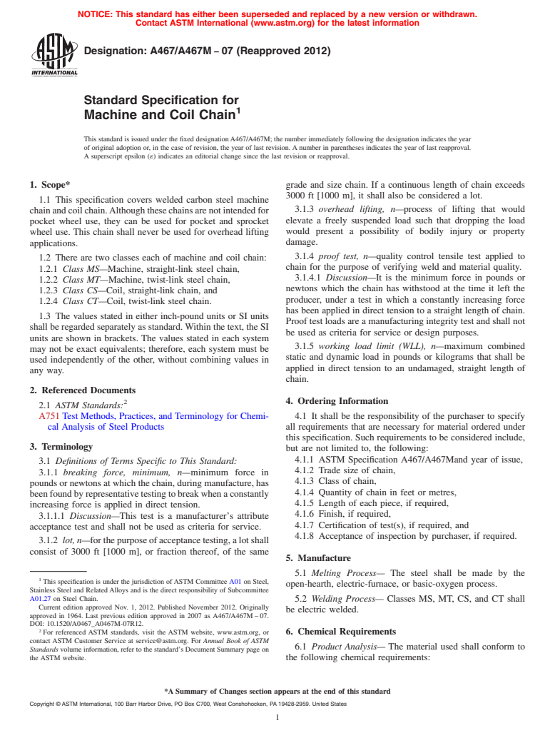 ASTM A467/A467M-07(2012) - Standard Specification for Machine and Coil Chain