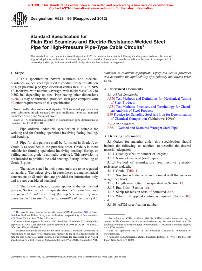 ASTM A523-96(2012) - Standard Specification for Plain End Seamless and Electric-Resistance-Welded Steel Pipe for High-Pressure Pipe-Type Cable Circuits