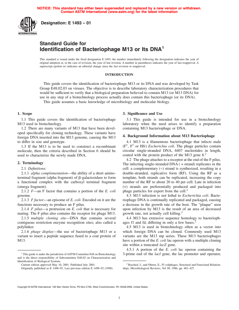 ASTM E1493-01 - Standard Guide for Identification of Bacteriophage M13 or Its DNA