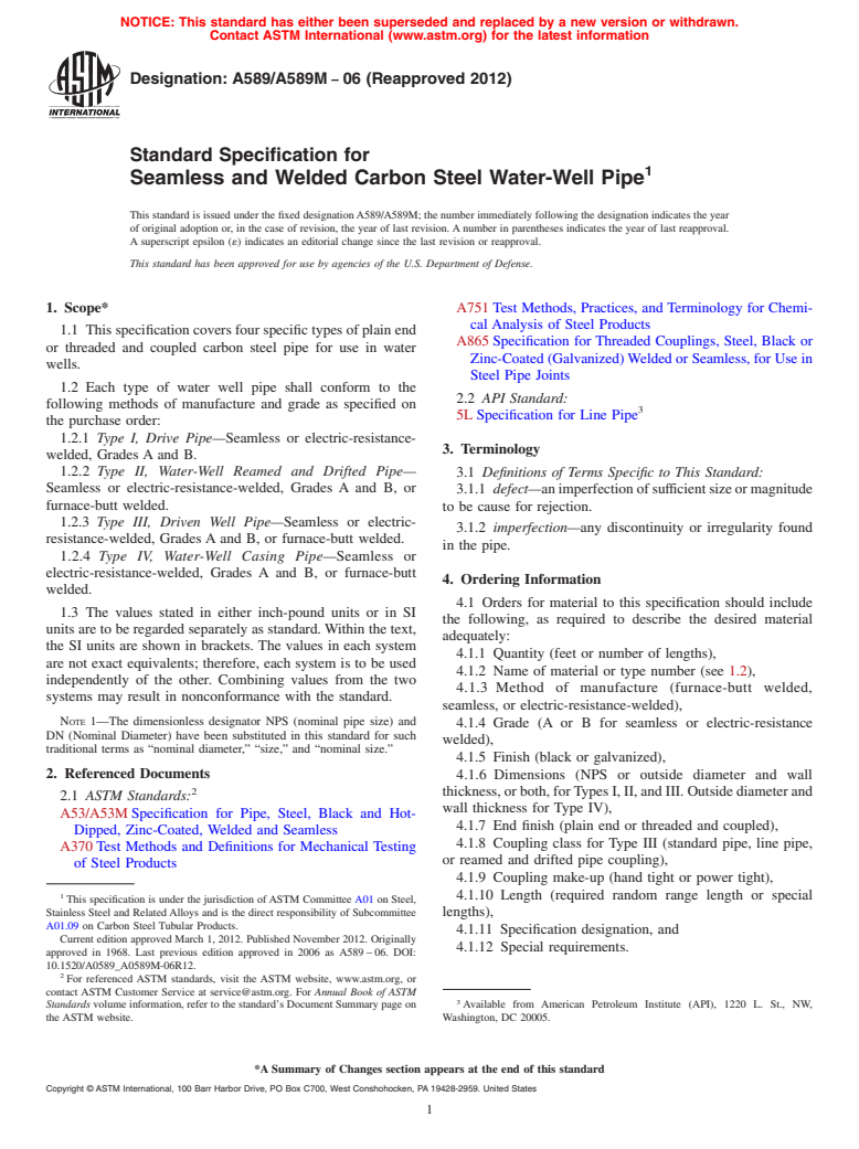 ASTM A589/A589M-06(2012) - Standard Specification for Seamless and Welded Carbon Steel Water-Well Pipe