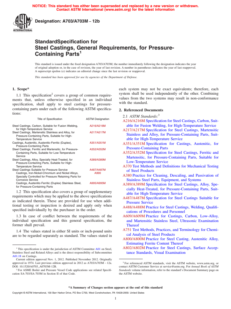 ASTM A703/A703M-12b - Standard Specification for  Steel Castings, General Requirements, for Pressure-Containing  Parts