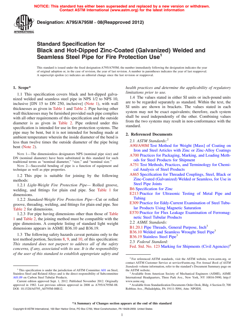 ASTM A795/A795M-08(2012) - Standard Specification for Black and Hot-Dipped Zinc-Coated (Galvanized) Welded and Seamless Steel Pipe for Fire Protection Use