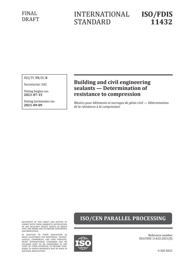 ISO/FDIS 11432:Version 10-jul-2021 - Building and civil engineering sealants -- Determination of resistance to compression