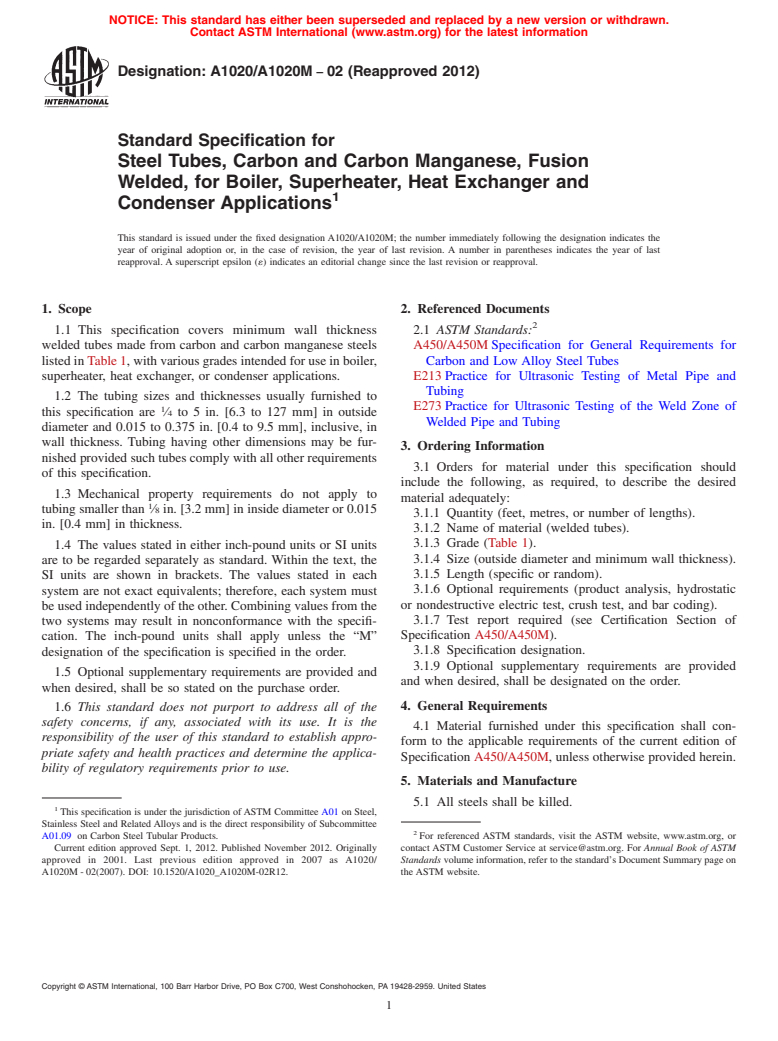 ASTM A1020/A1020M-02(2012) - Standard Specification for Steel Tubes, Carbon and Carbon Manganese, Fusion Welded, for Boiler, Superheater, Heat Exchanger and Condenser Applications (Withdrawn 2017)