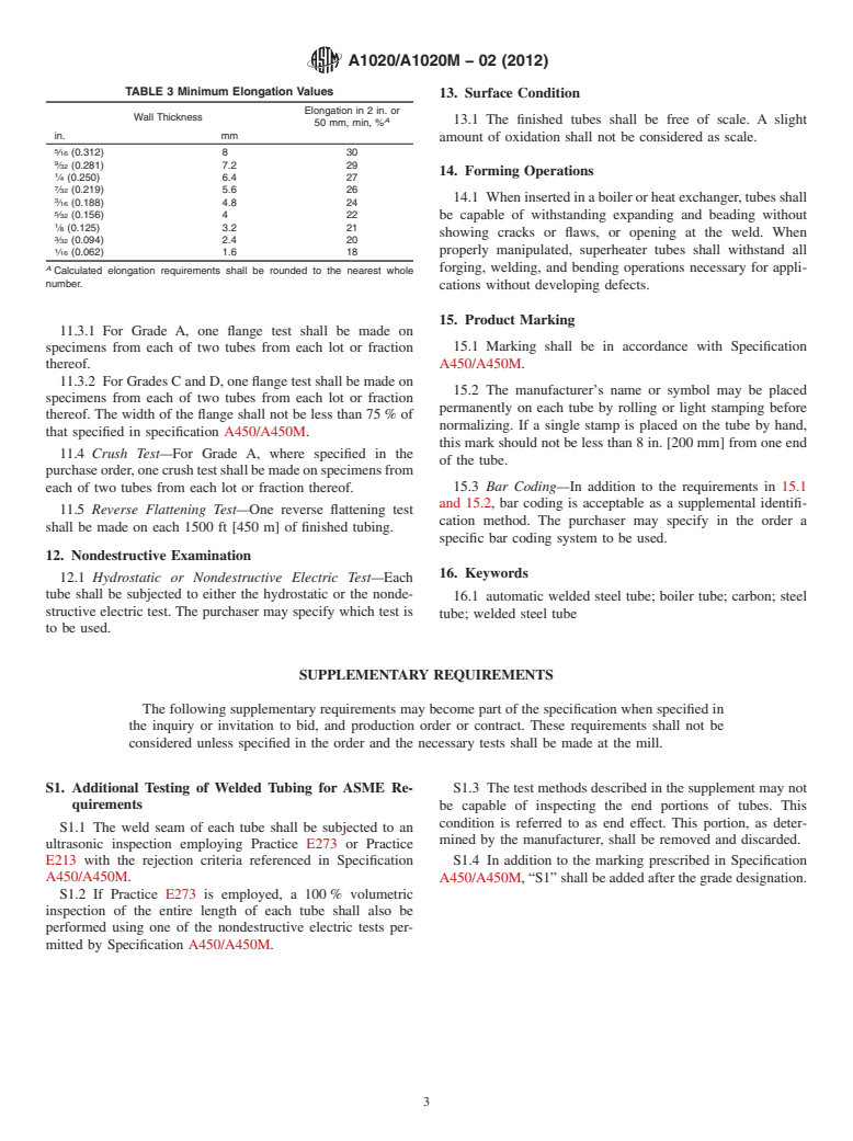 ASTM A1020/A1020M-02(2012) - Standard Specification for Steel Tubes, Carbon and Carbon Manganese, Fusion Welded, for Boiler, Superheater, Heat Exchanger and Condenser Applications (Withdrawn 2017)