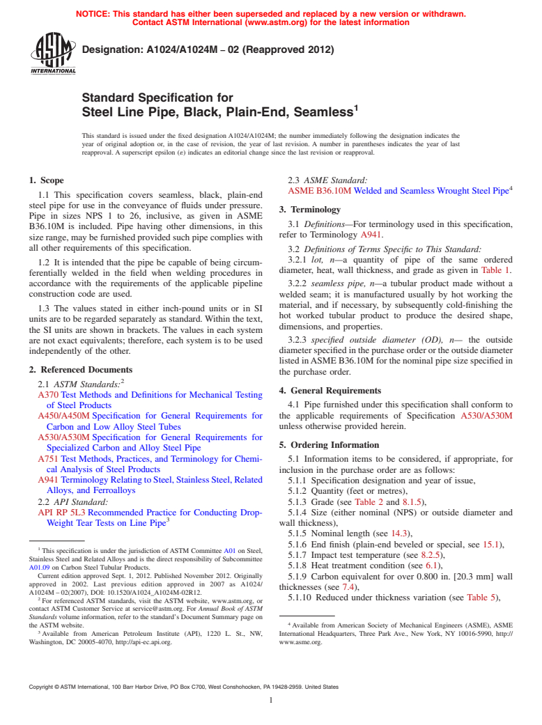 ASTM A1024/A1024M-02(2012) - Standard Specification for  Steel Line Pipe, Black, Plain-End, Seamless