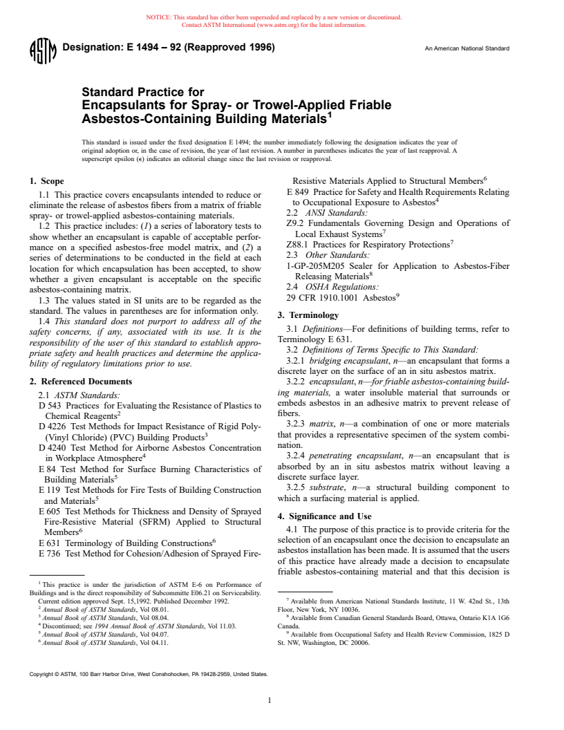 ASTM E1494-92(1996) - Standard Practice for Encapsulants for Spray-or-Trowel-Applied Friable Asbestos-Containing Building Materials