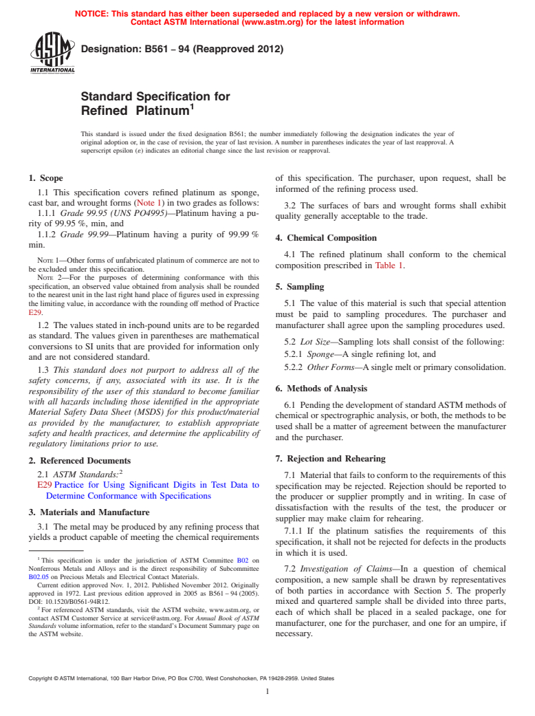 ASTM B561-94(2012) - Standard Specification for Refined&#x2009; Platinum