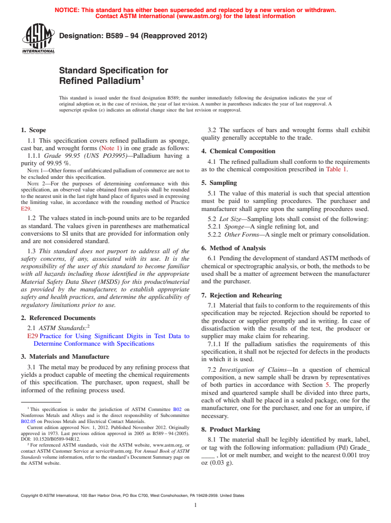 ASTM B589-94(2012) - Standard Specification for Refined Palladium