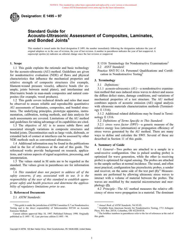 ASTM E1495-97 - Standard Guide for Acousto-Ultrasonic Assessment of Composites, Laminates, and Bonded Joints