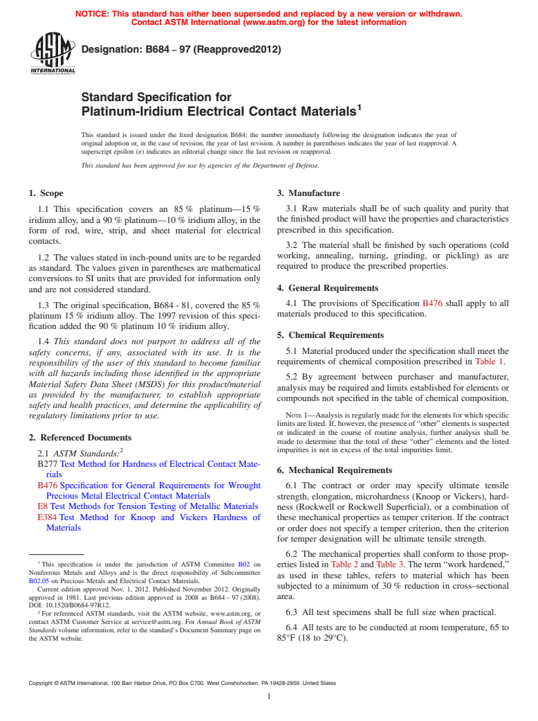 ASTM B684-97(2012) - Standard Specification for Platinum-Iridium Electrical Contact Materials