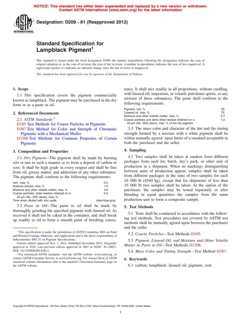 ASTM D209-81(2012) - Standard Specification for  Lampblack Pigment