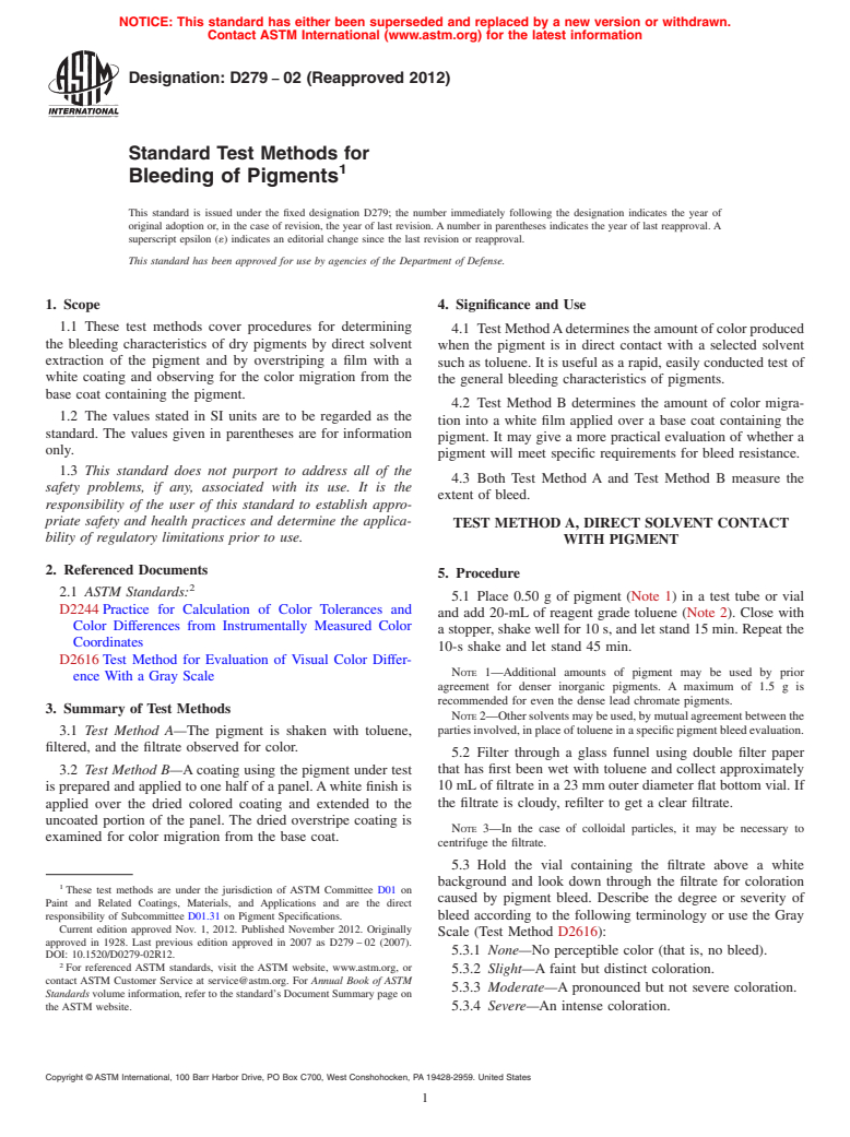 ASTM D279-02(2012) - Standard Test Methods for  Bleeding of Pigments