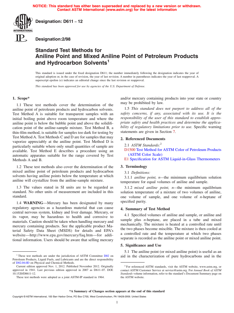 ASTM D611-12 - Standard Test Methods for Aniline Point and Mixed Aniline Point of Petroleum Products  and Hydrocarbon Solvents