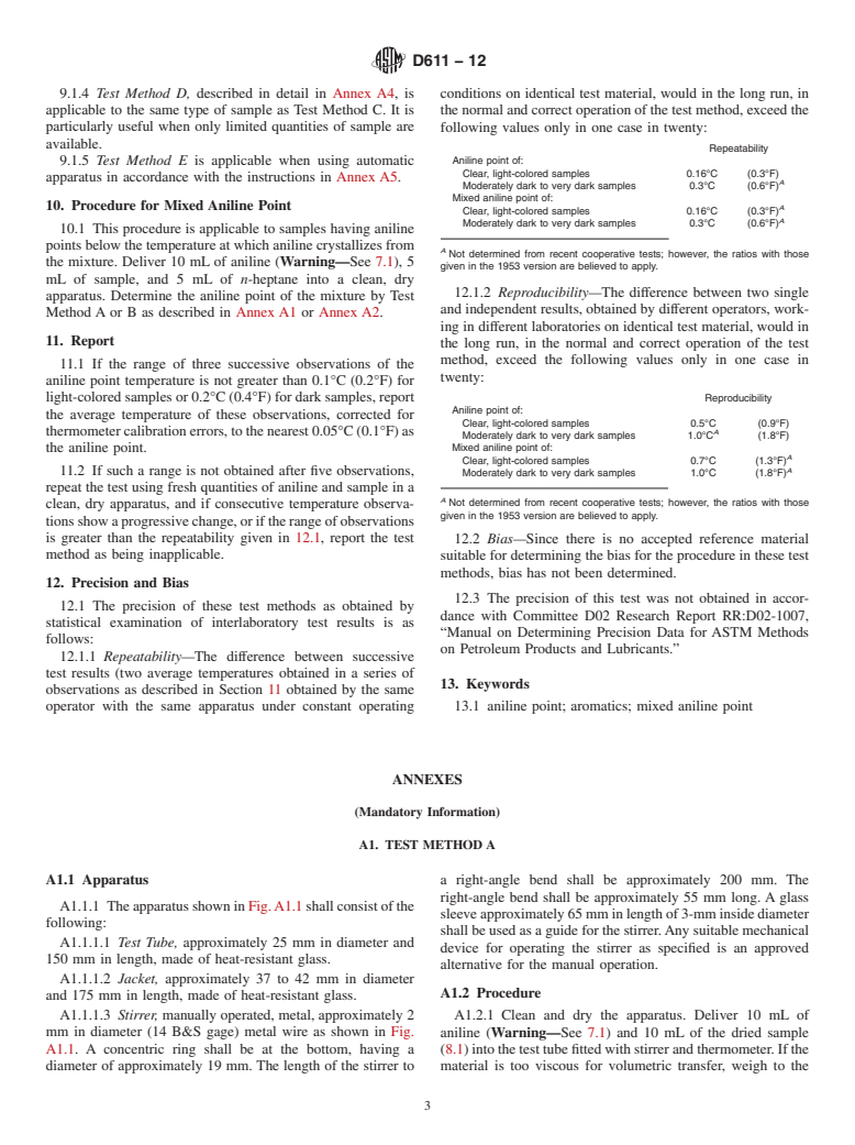 ASTM D611-12 - Standard Test Methods for Aniline Point and Mixed Aniline Point of Petroleum Products  and Hydrocarbon Solvents