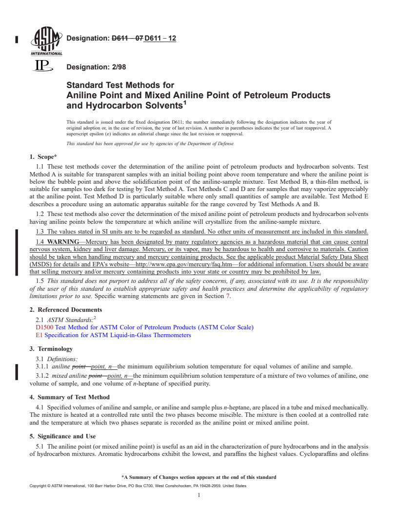 REDLINE ASTM D611-12 - Standard Test Methods for Aniline Point and Mixed Aniline Point of Petroleum Products  and Hydrocarbon Solvents