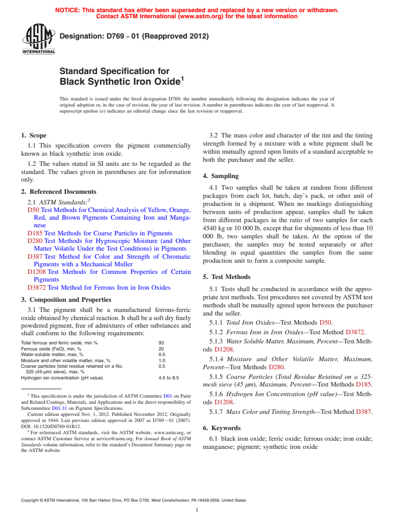 ASTM D769-01(2012) - Standard Specification for  Black Synthetic Iron Oxide