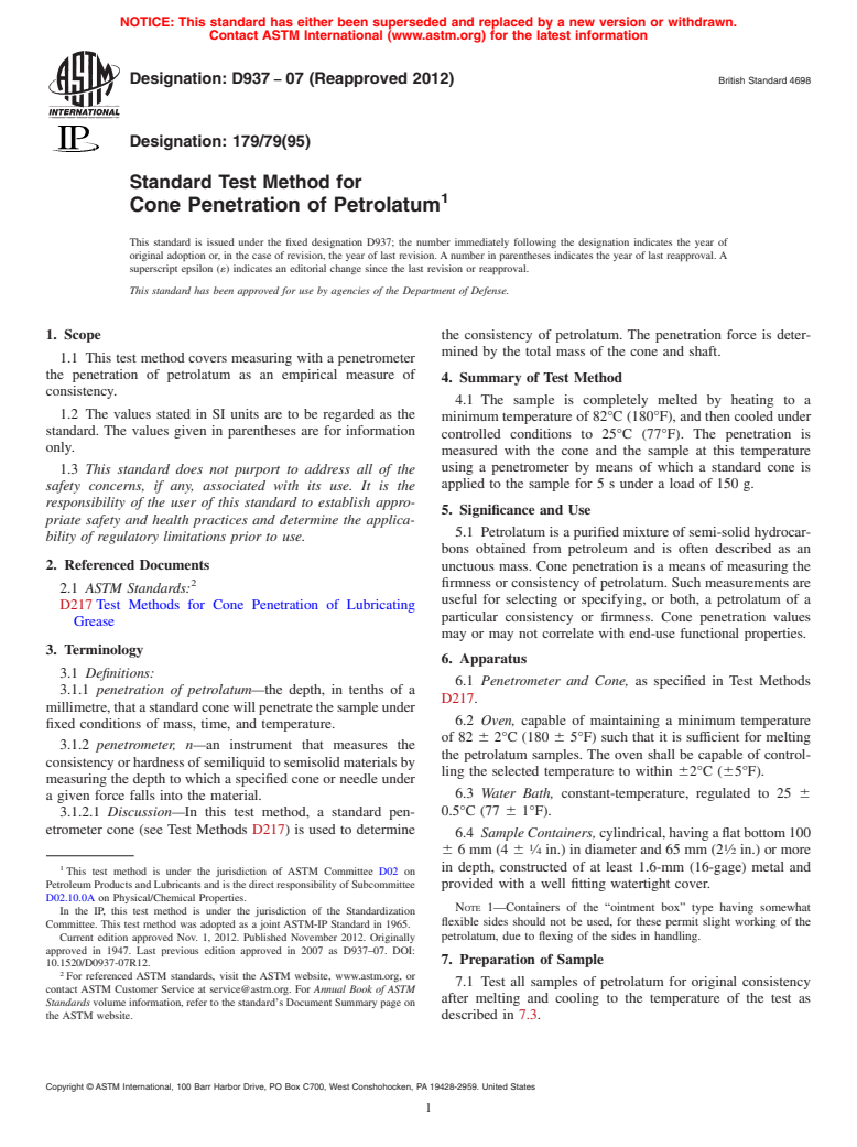 ASTM D937-07(2012) - Standard Test Method for  Cone Penetration of Petrolatum