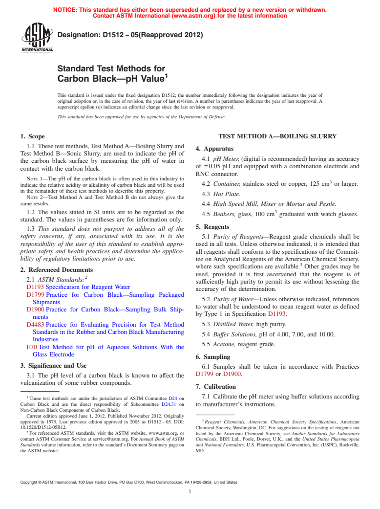 ASTM D1512-05(2012) - Standard Test Methods for  Carbon Black&mdash;pH Value