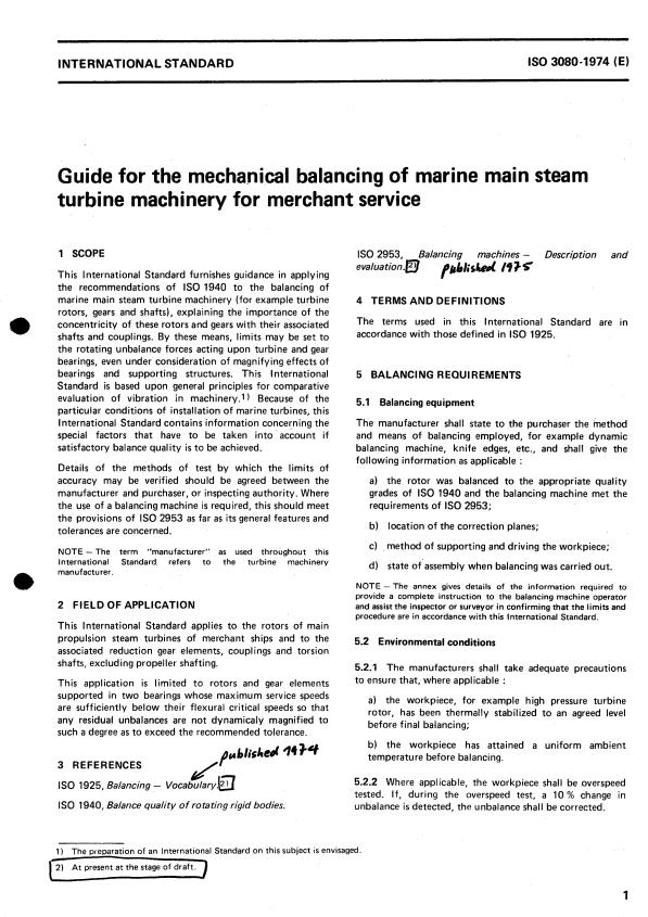 ISO 3080:1974 - Guide for the mechanical balancing of marine main steam turbine machinery for merchant service