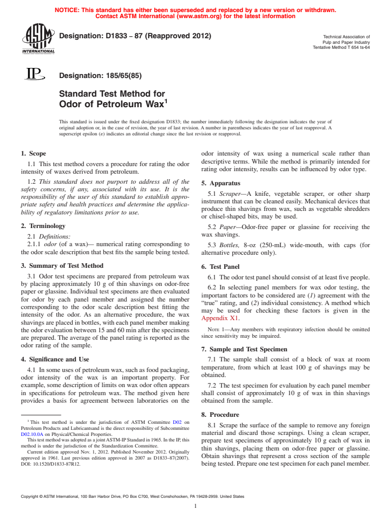 ASTM D1833-87(2012) - Standard Test Method for  Odor of Petroleum Wax