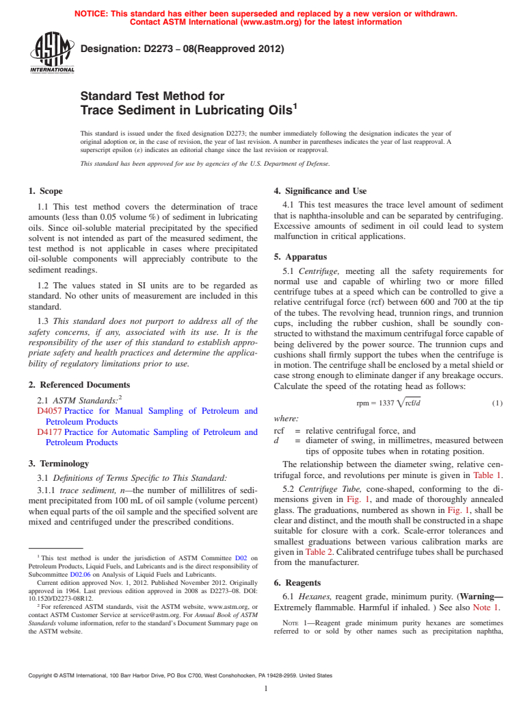 ASTM D2273-08(2012) - Standard Test Method for  Trace Sediment in Lubricating Oils