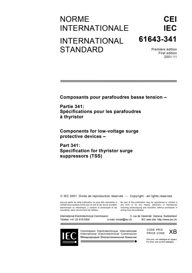 IEC 61643-341:2001 - Components for low-voltage surge protective devices - Part 341: Specification for thyristor surge suppressors (TSS)