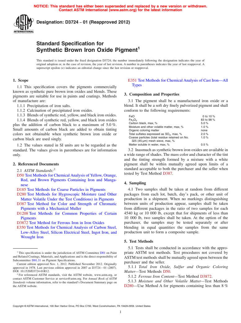 ASTM D3724-01(2012) - Standard Specification for  Synthetic Brown Iron Oxide Pigment