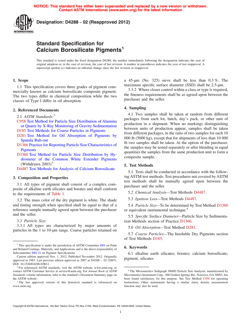 ASTM D4288-02(2012) - Standard Specification for  Calcium Borosilicate Pigments