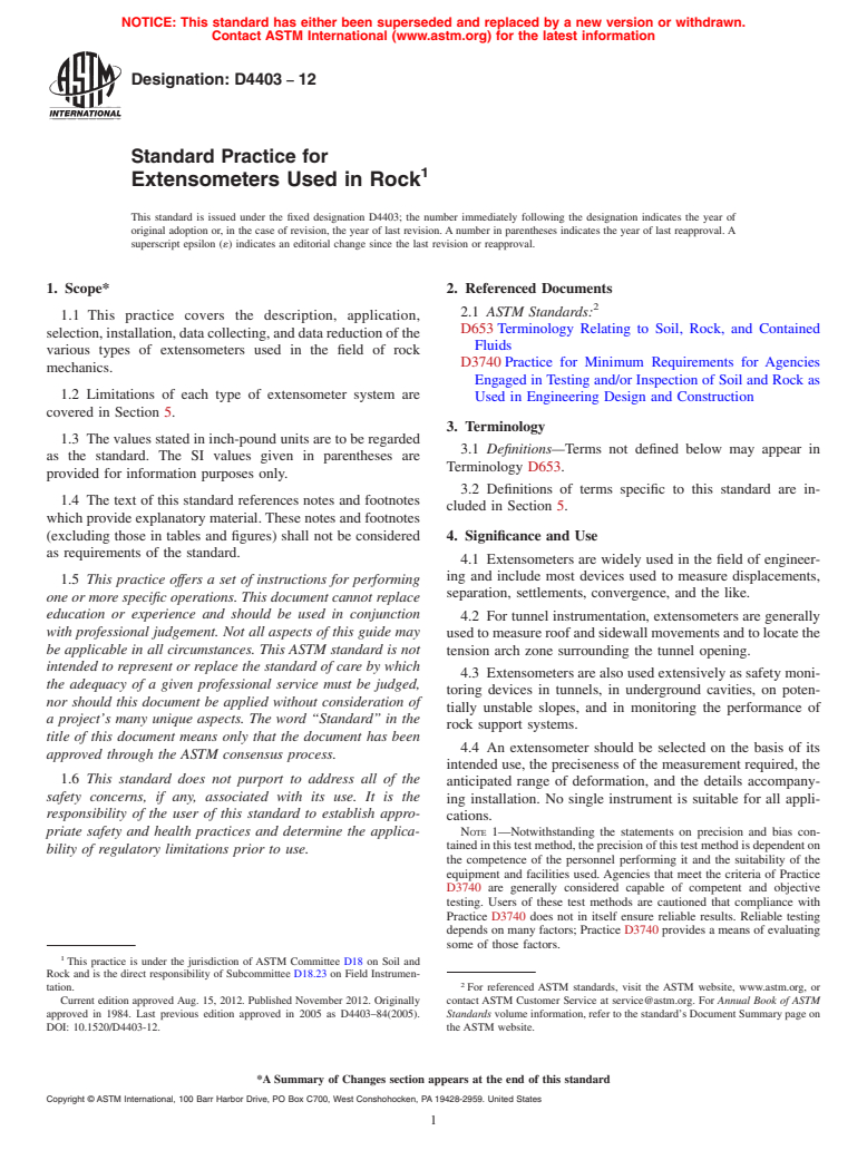 ASTM D4403-12 - Standard Practice for  Extensometers Used in Rock