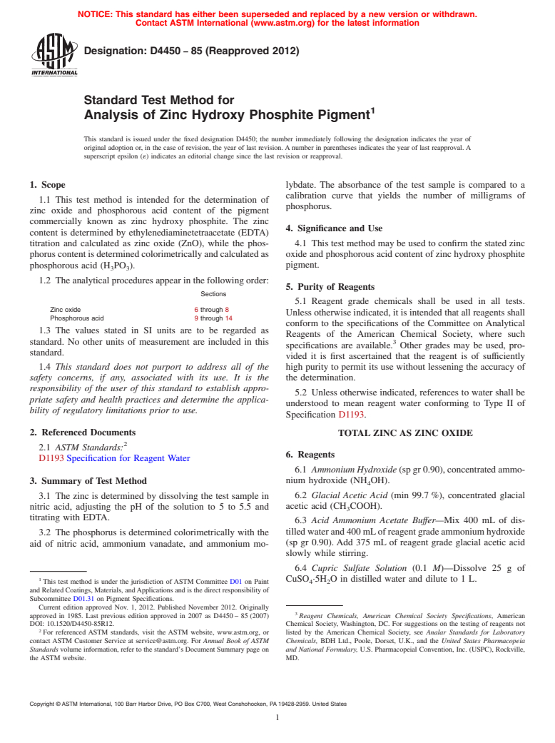ASTM D4450-85(2012) - Standard Test Method for  Analysis of Zinc Hydroxy Phosphite Pigment