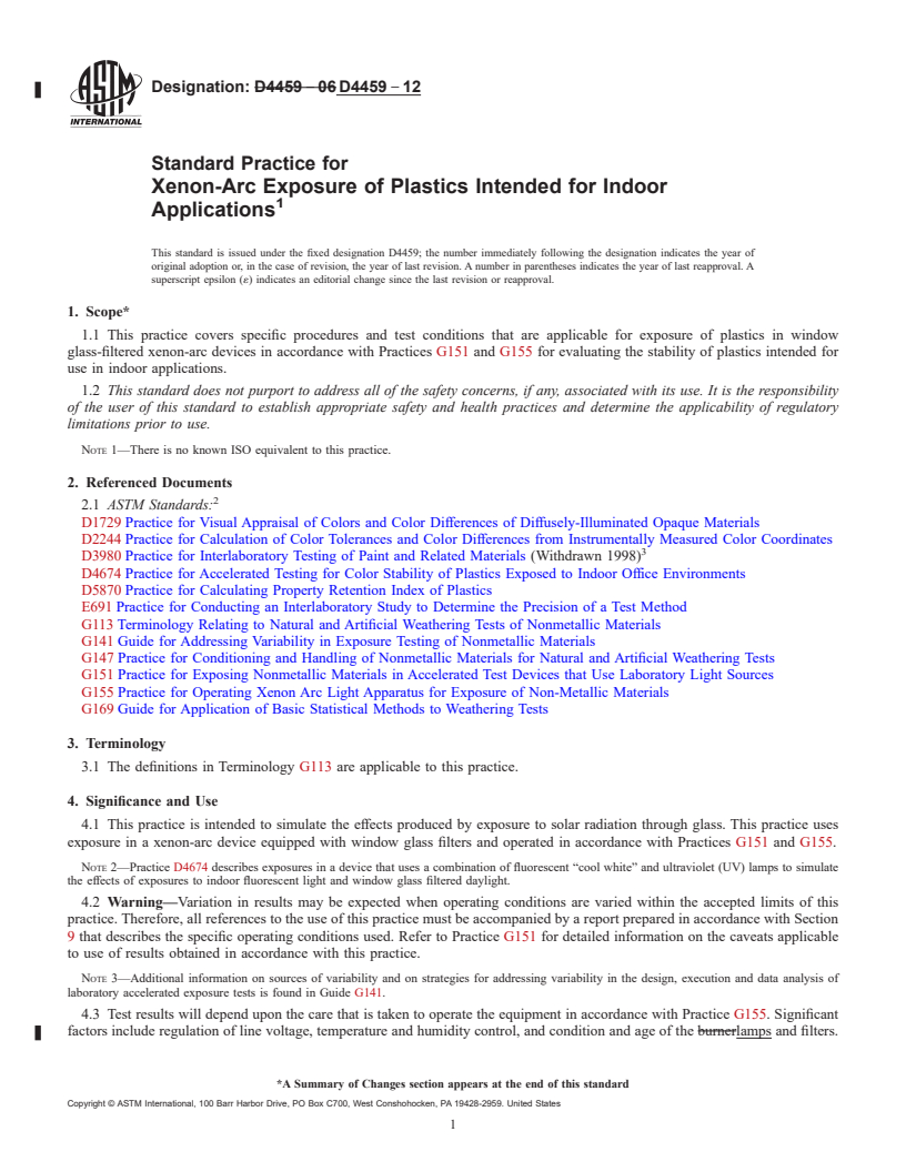 REDLINE ASTM D4459-12 - Standard Practice for  Xenon-Arc Exposure of Plastics Intended for Indoor Applications