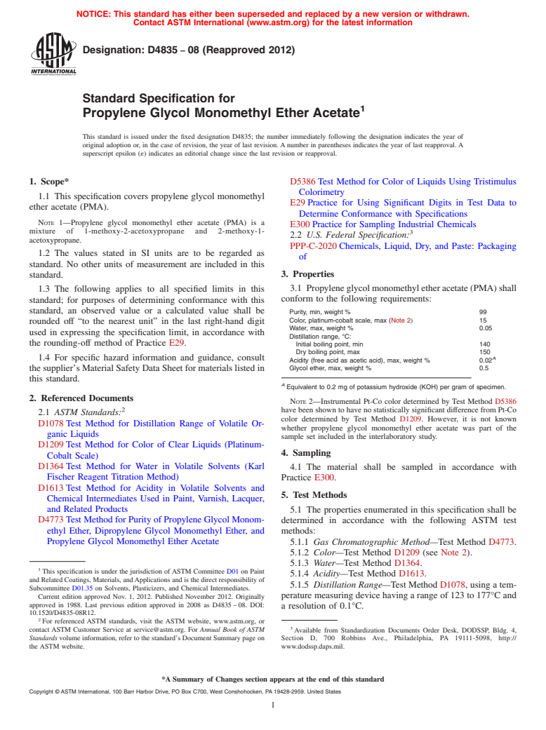 ASTM D4835-08(2012) - Standard Specification for Propylene Glycol Monomethyl Ether Acetate (Withdrawn 2021)